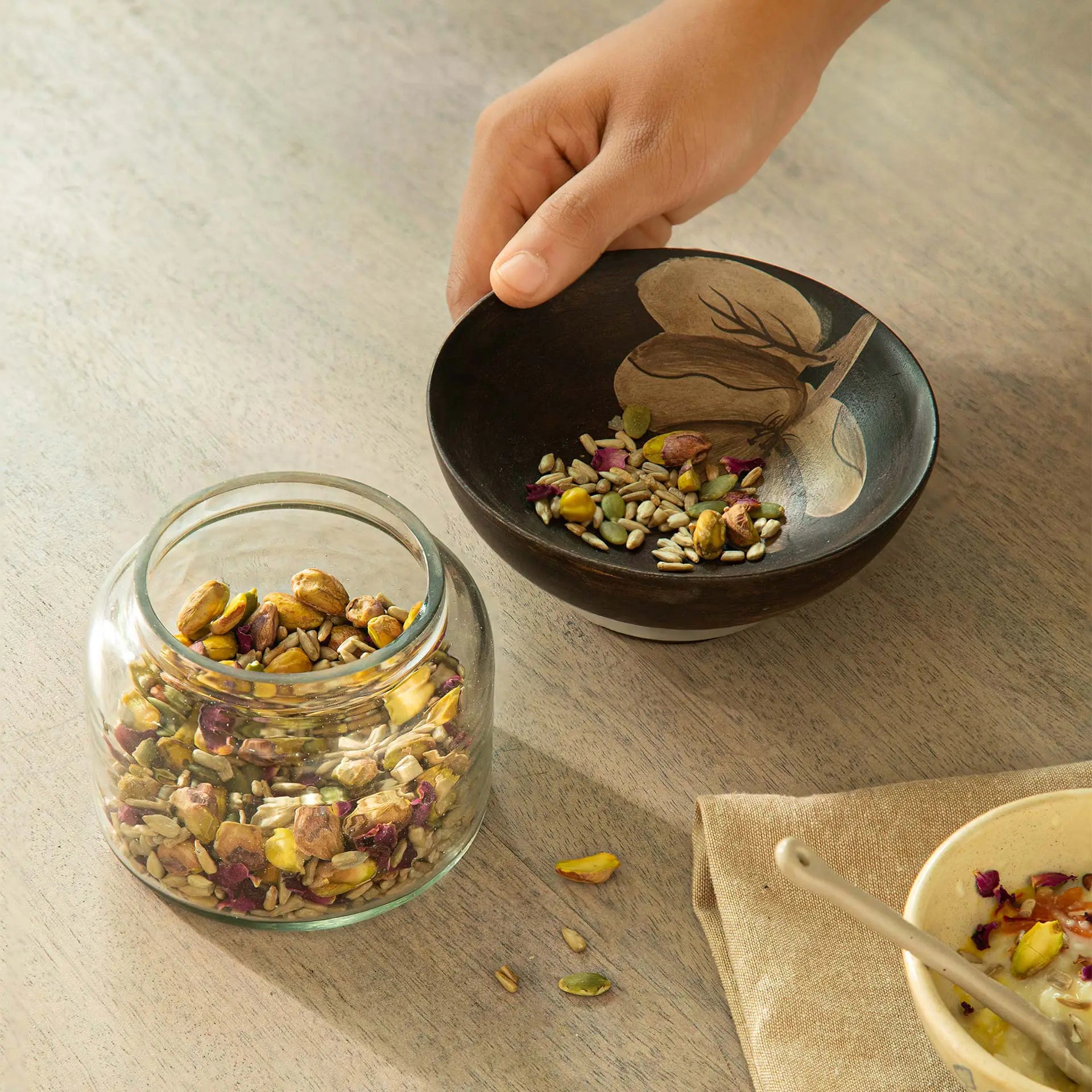 Tashi Glass Jar With Wooden Nut Bowl - Small