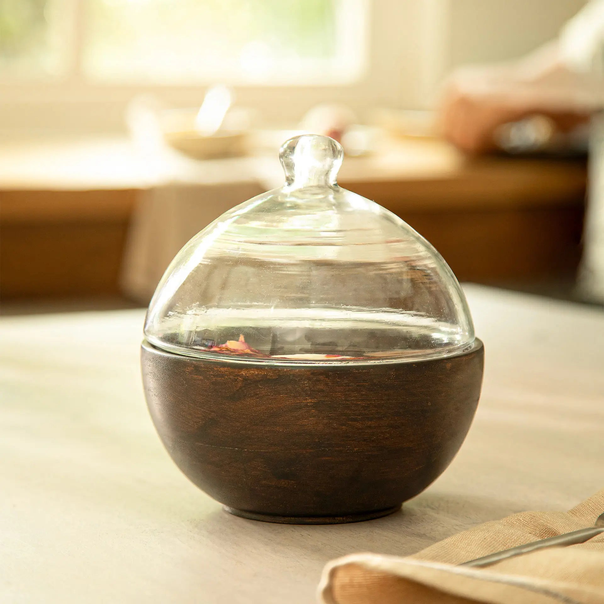 Tashi Glass Cloche With Wooden Bowl