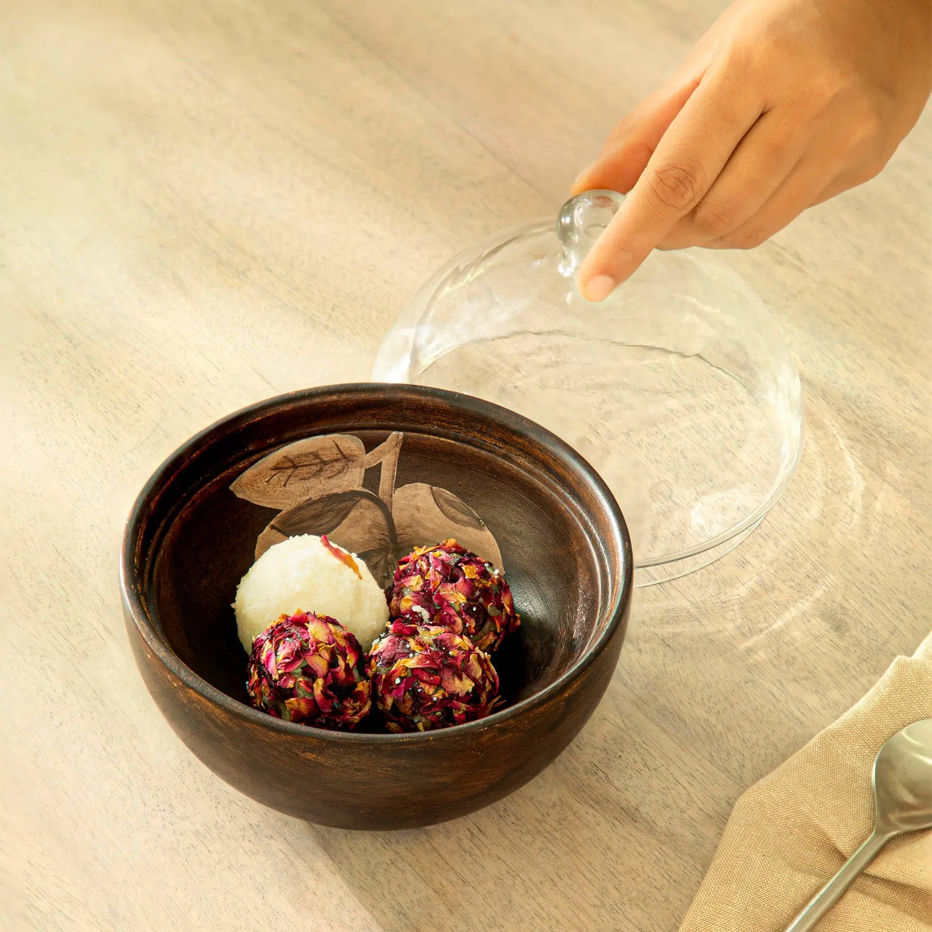 Tashi Glass Cloche With Wooden Bowl