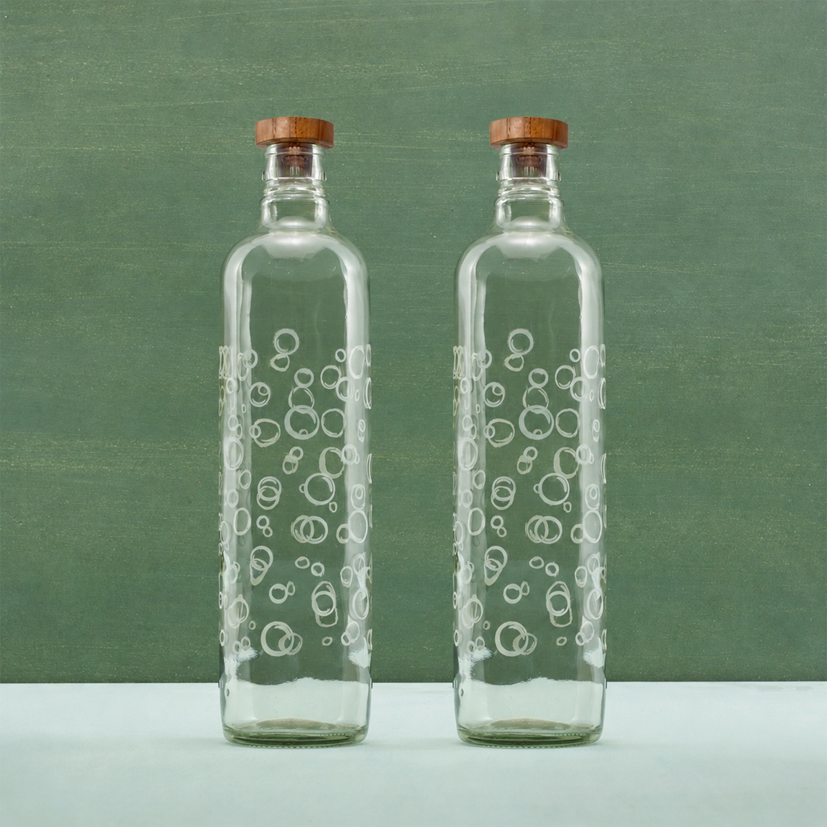 Bubbles Glass Water Bottle With Wooden Stopper Set of 2