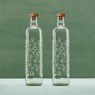Bubbles Glass Water Bottle With Wooden Stopper Set of 2