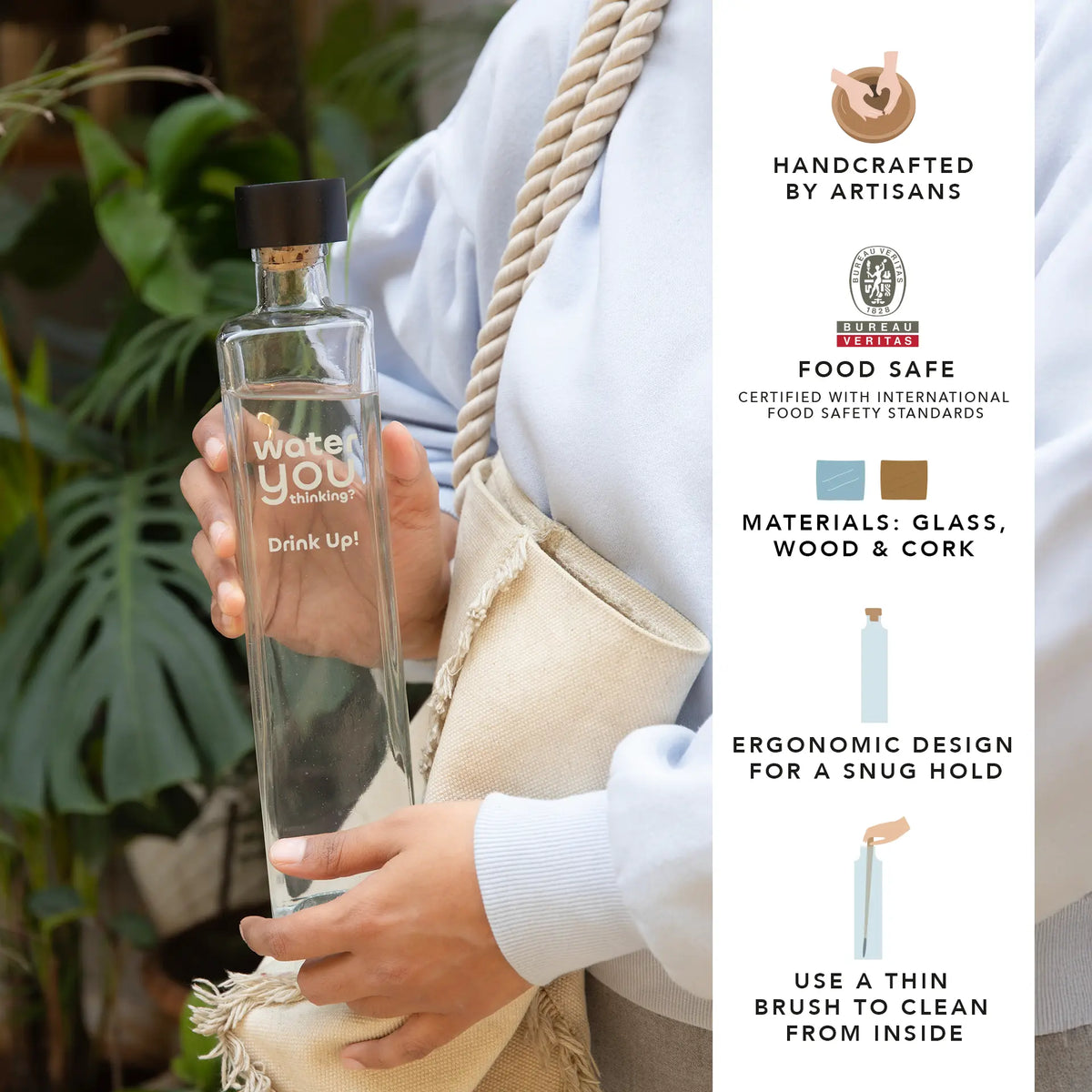 Drink Up glass water bottle with wooden stopper