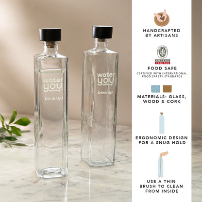 Drink Up glass water bottle with wooden stopper - set of 2