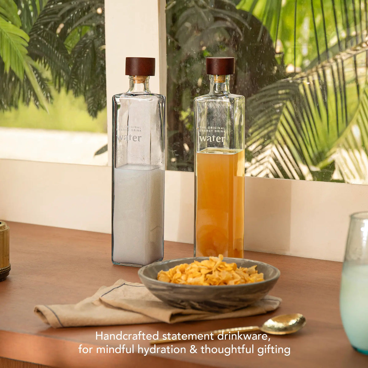 Water Ritual glass water bottle with wooden stopper