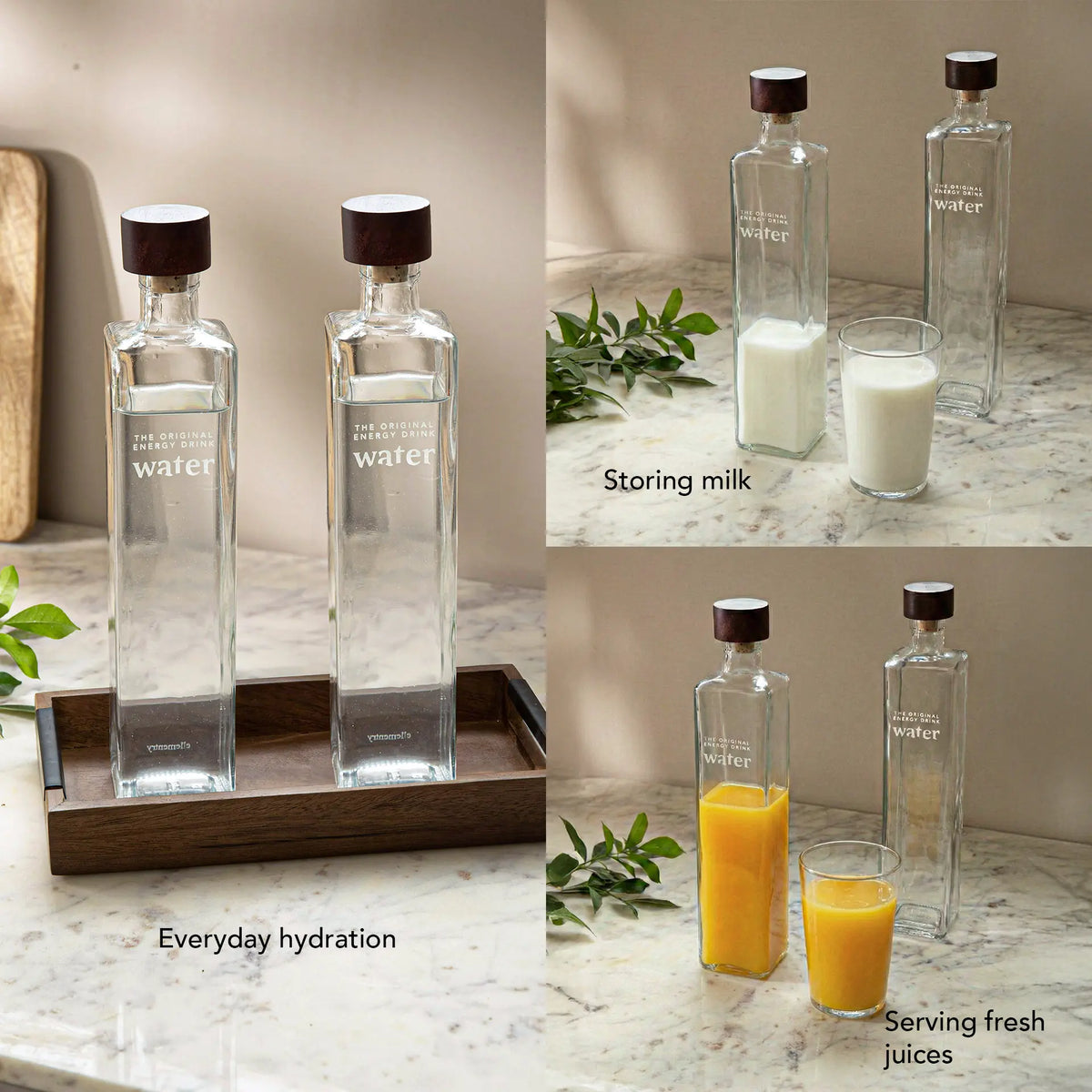 Water Ritual glass water bottle with wooden stopper - set of 2