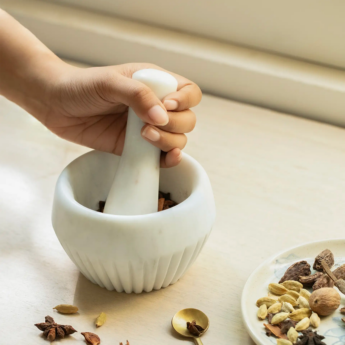 ribbed marble mortar pestle