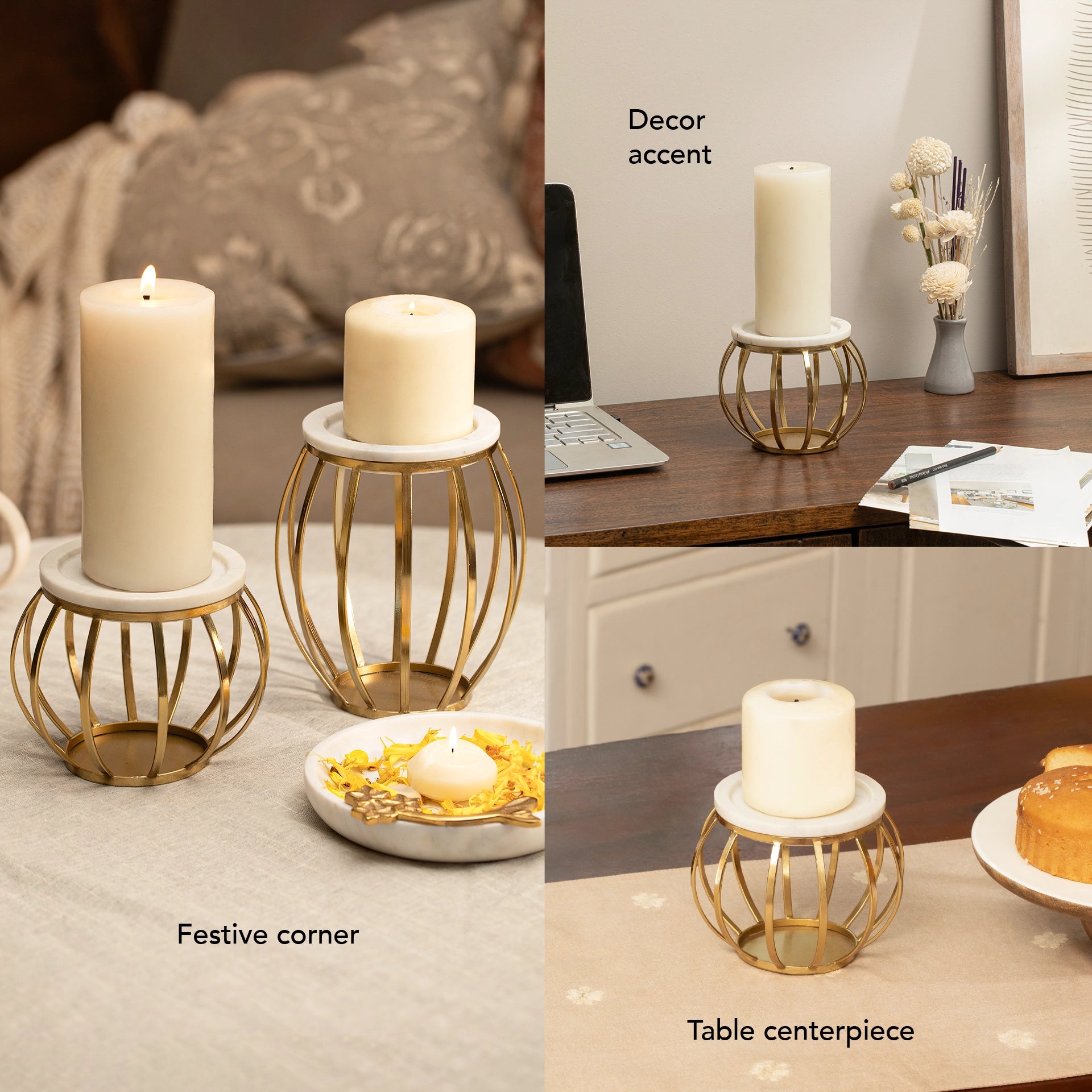 Weave Marble & Metal Pillar Candle Holder- Small