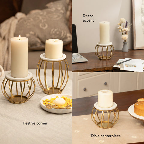 Weave Marble & Metal Pillar Candle Holder- Small