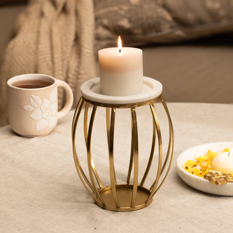 Weave Marble & Metal Pillar Candle Holder- Large
