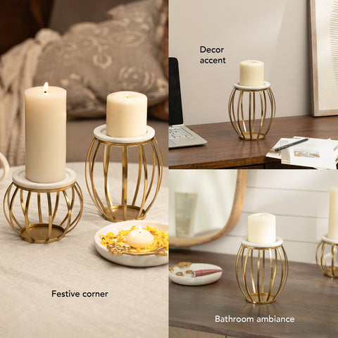 Weave Marble & Metal Pillar Candle Holder- Large