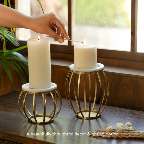 Weave Marble & Metal Pillar Candle Holder- Large