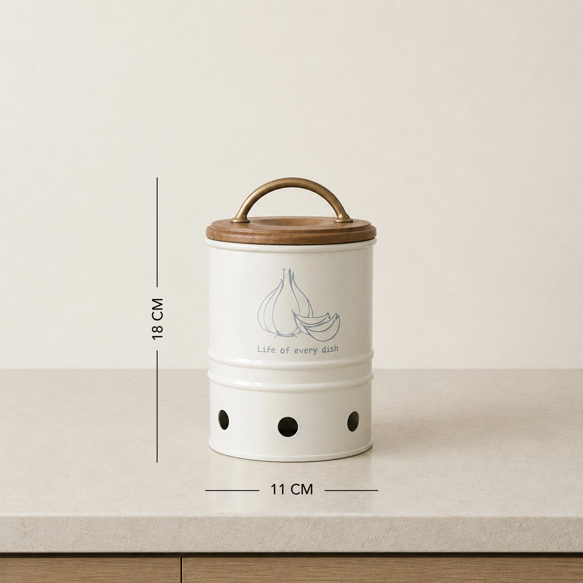 Egg Shell Metal Garlic Storage Bin With Wooden Lid