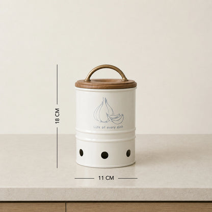 Egg Shell Metal Garlic Storage Bin With Wooden Lid