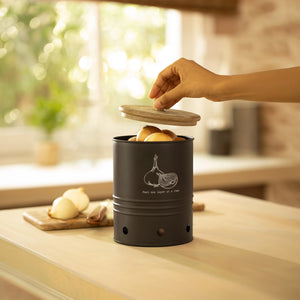 Charcoal Brown Onion Storage Bin with Wooden Lid