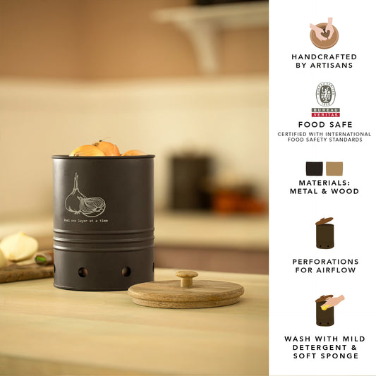 Charcoal Brown Onion Storage Bin with Wooden Lid