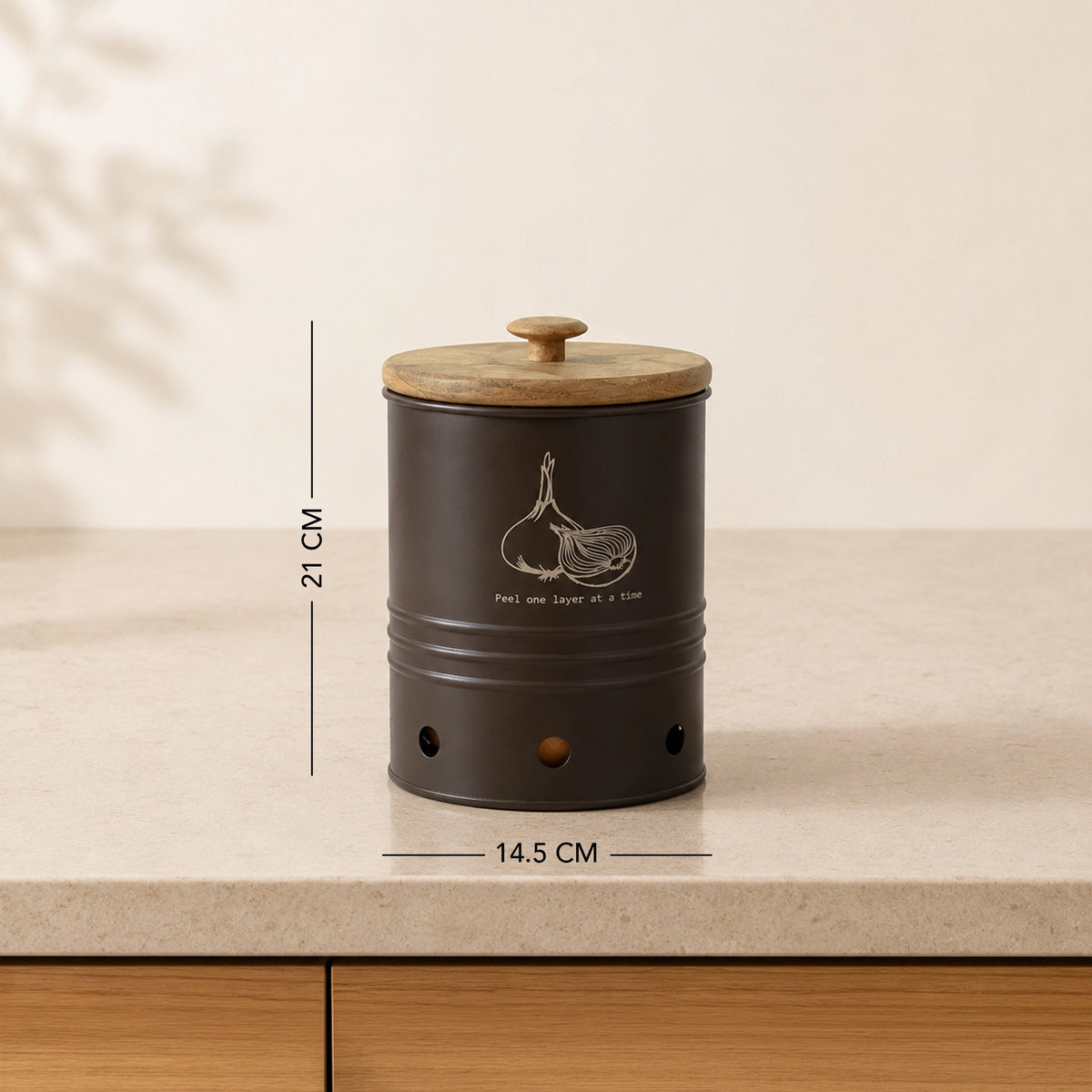 Charcoal Brown Onion Storage Bin with Wooden Lid