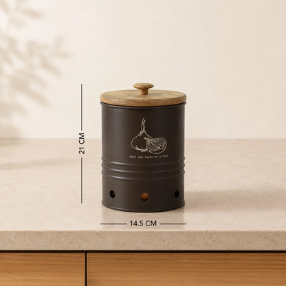 Charcoal Brown Onion Storage Bin with Wooden Lid