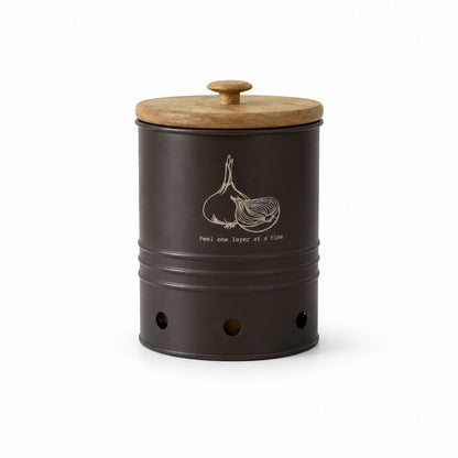 Charcoal Brown Onion Storage Bin with Wooden Lid
