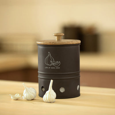 Charcoal Brown Garlic Storage Bin with Wooden Lid