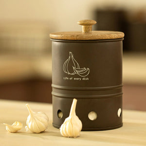 Charcoal Brown Garlic Storage Bin with Wooden Lid