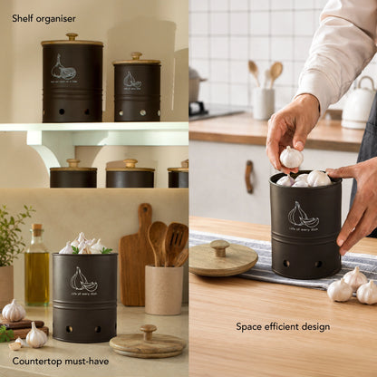 Charcoal Brown Garlic Storage Bin with Wooden Lid