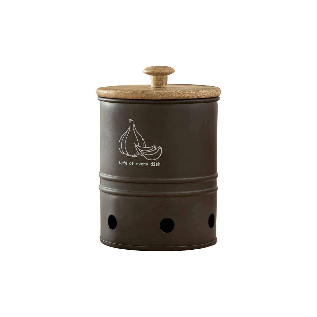 Charcoal Brown Garlic Storage Bin with Wooden Lid