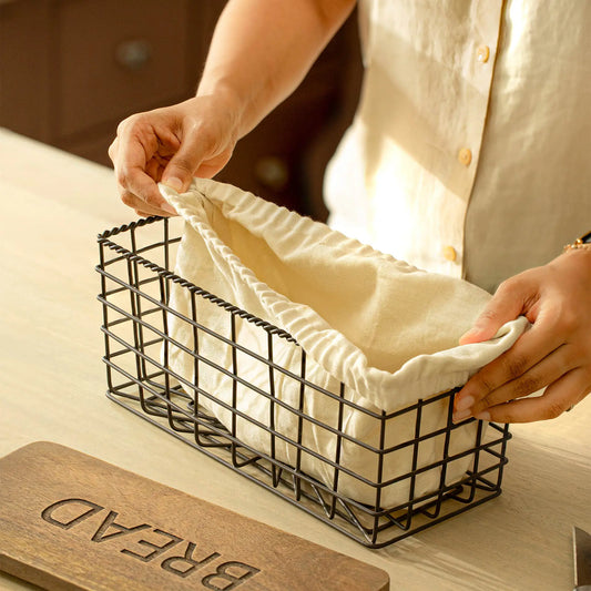 Charcoal Brown Twine Wire Bread Box with Fabric and Lid