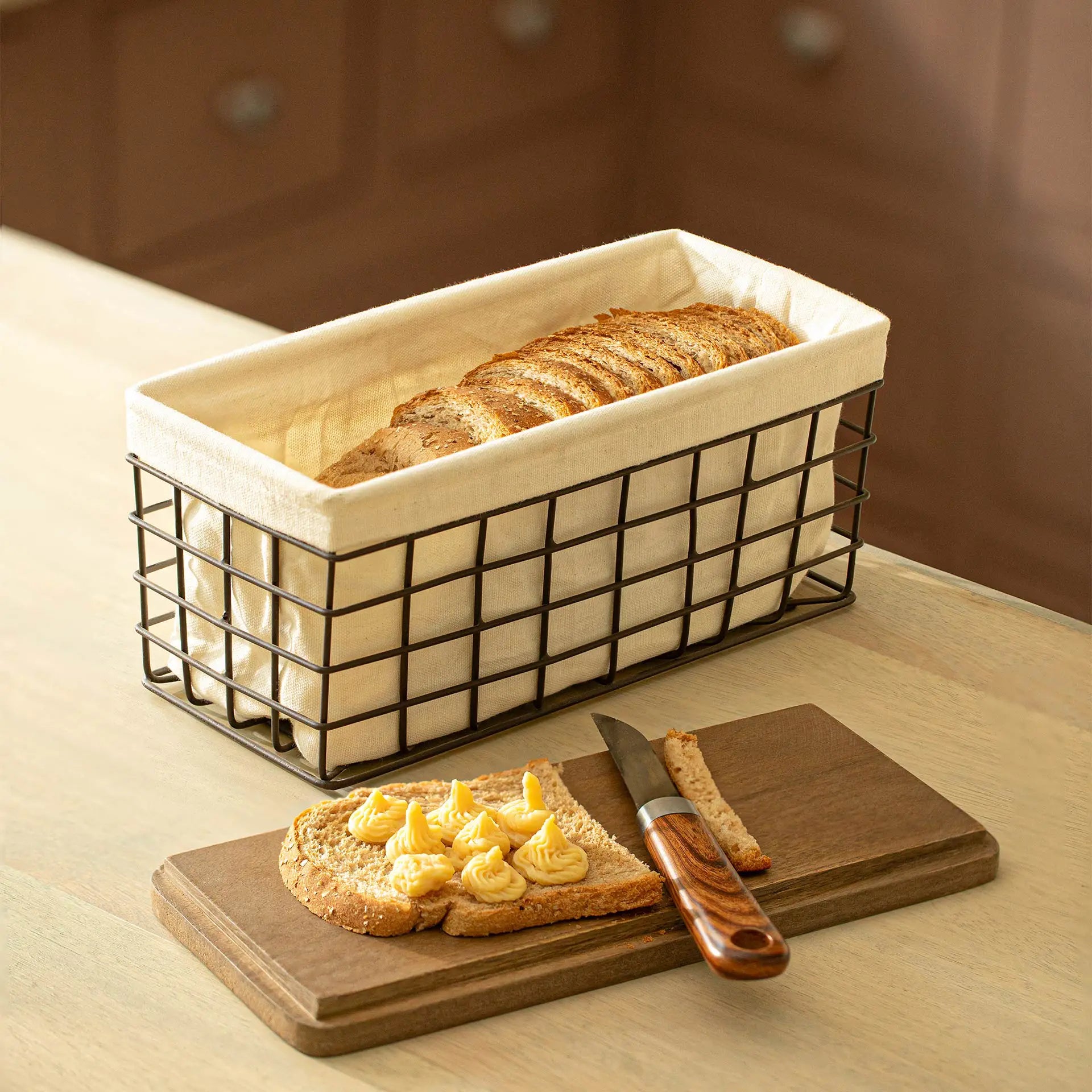 Charcoal Brown Twine Wire Bread Box with Fabric and Lid