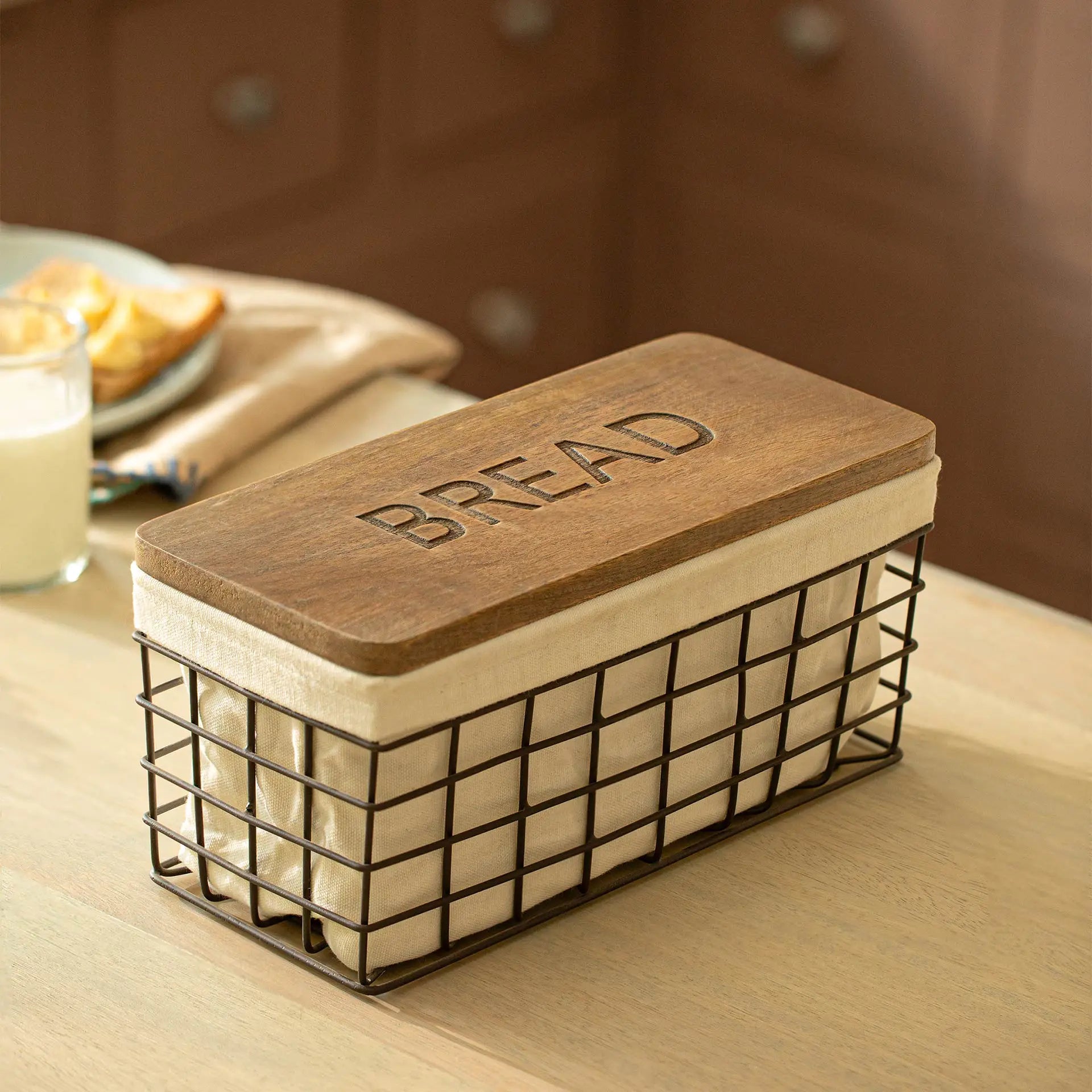 Charcoal Brown Twine Wire Bread Box with Fabric and Lid
