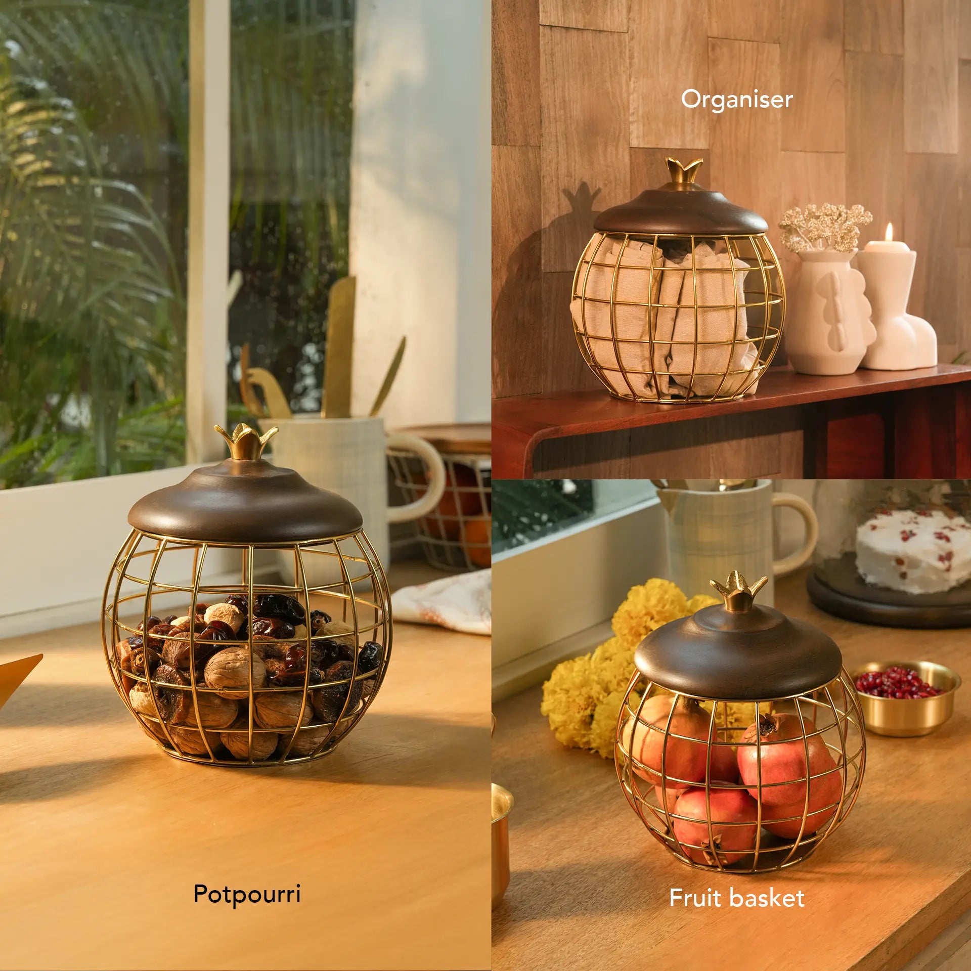 Anaar Metal Basket with Wooden Lid