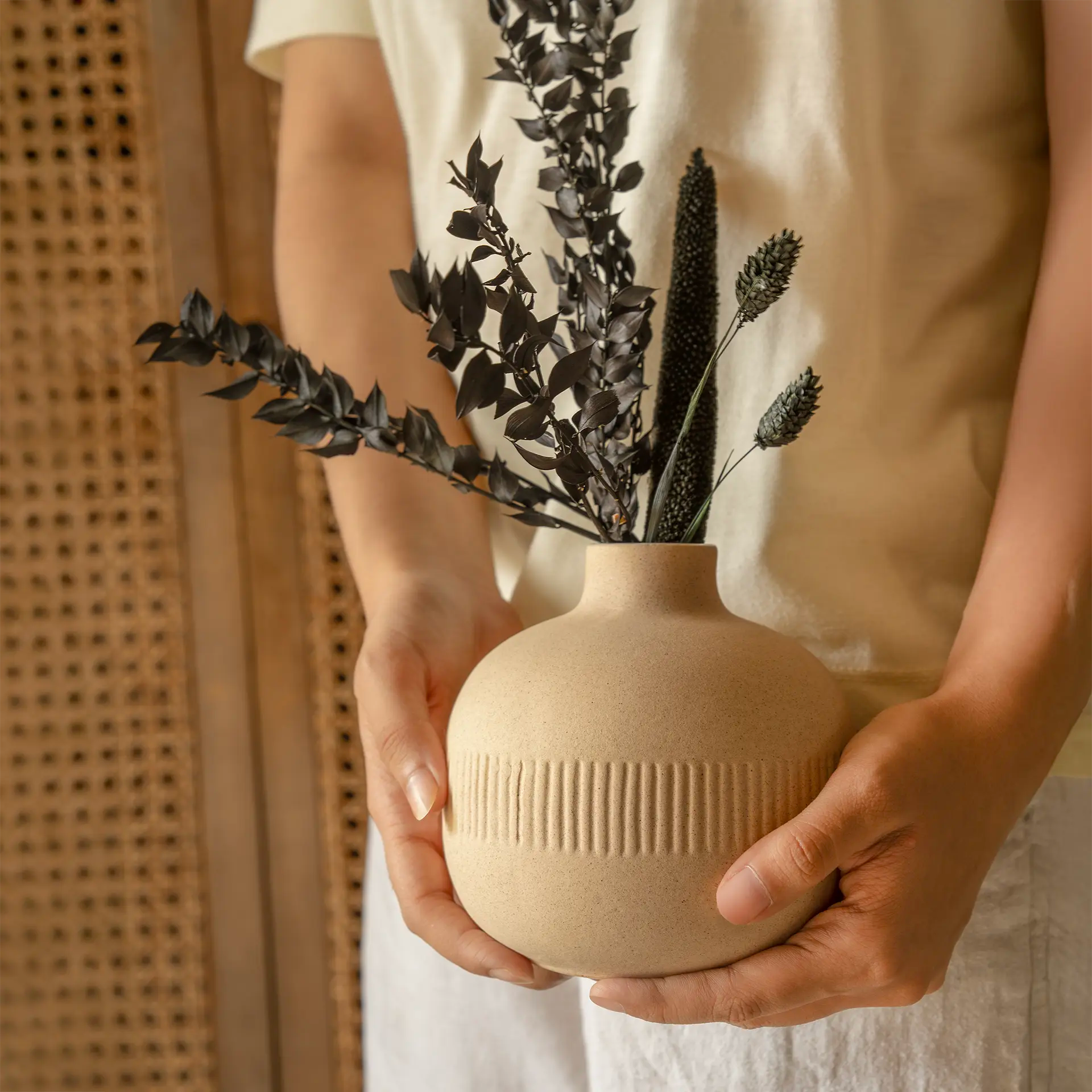Classic Beige Ceramic Vase - Short