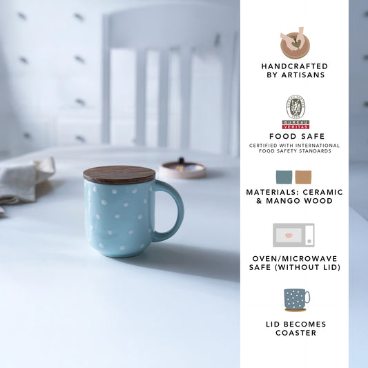Blue polka dots ceramic mug with wooden lid