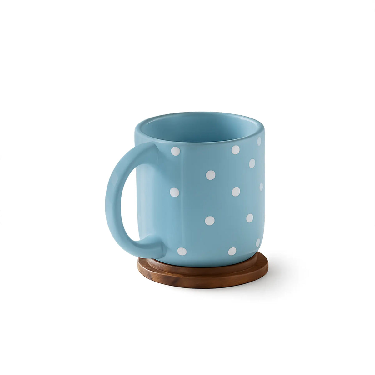 Blue polka dots ceramic mug with wooden lid