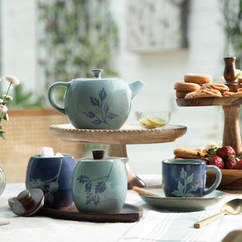 Aqua Floret Ceramic Tea Set For 4