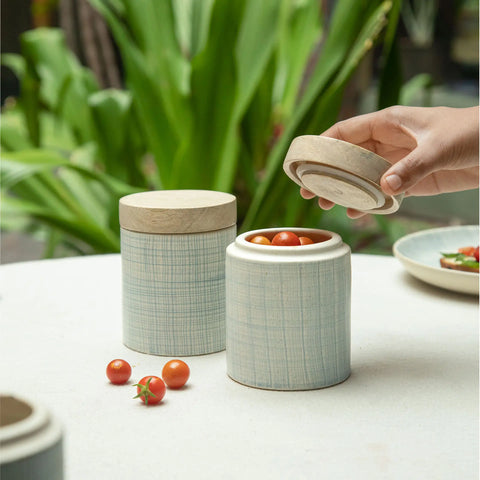 Saan Ceramic Jar with Wooden Lid Set of 2