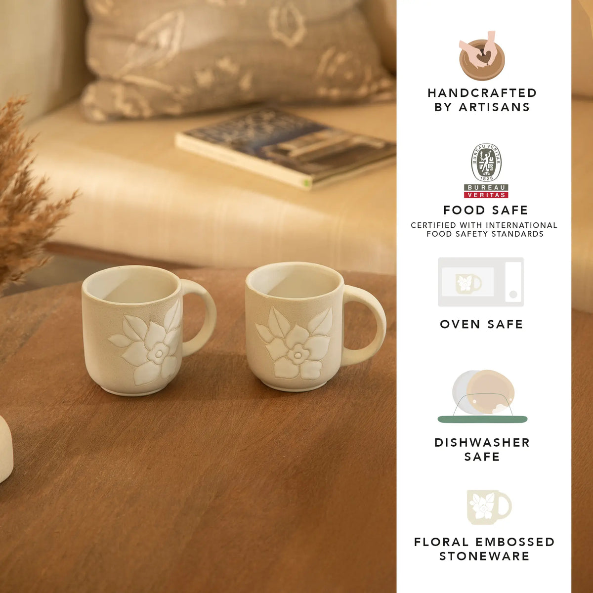 Floral Embossed Ceramic Mug Set of 2