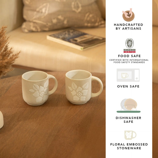 Floral Embossed Ceramic Mug Set of 2