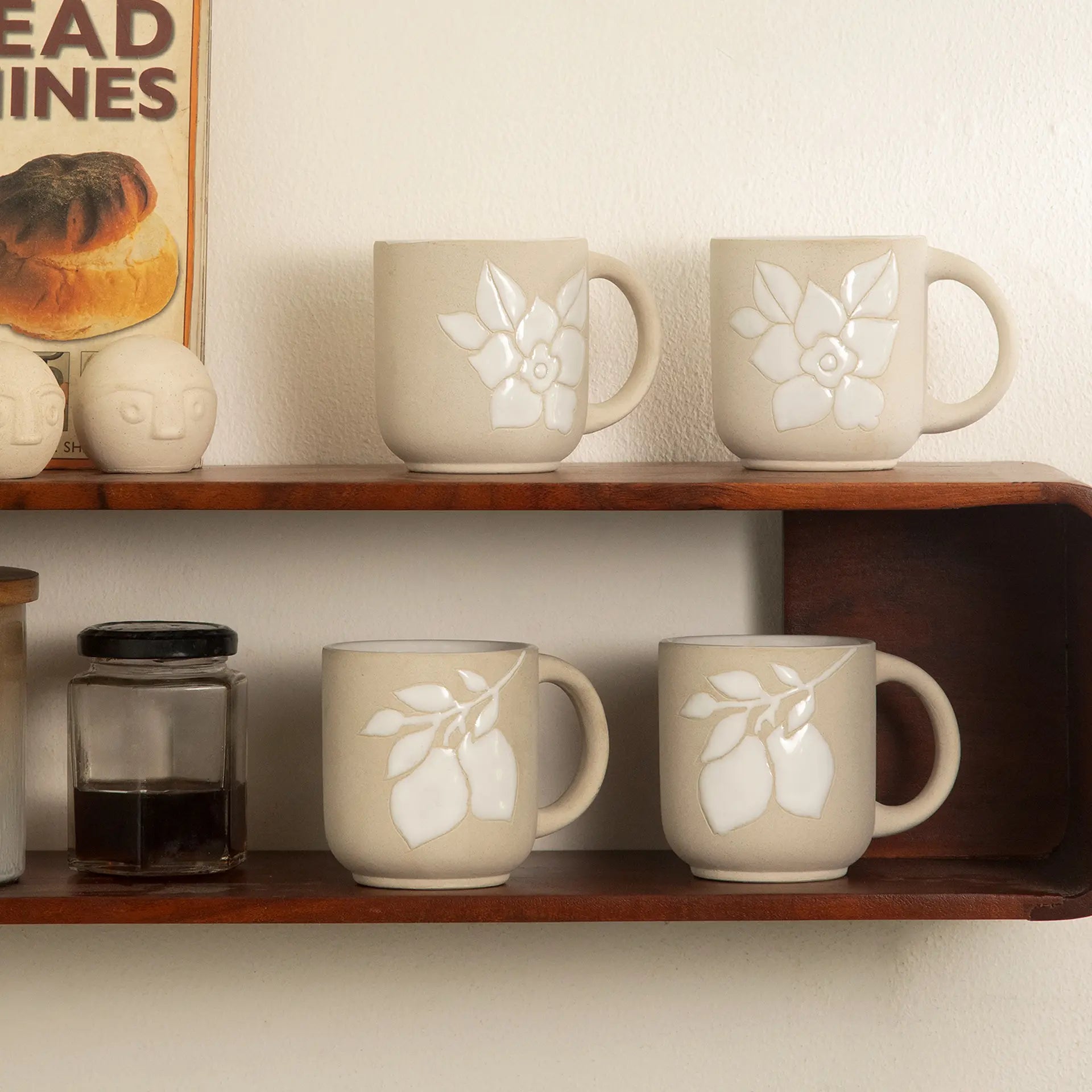 Floral Embossed Ceramic Mug Set of 2