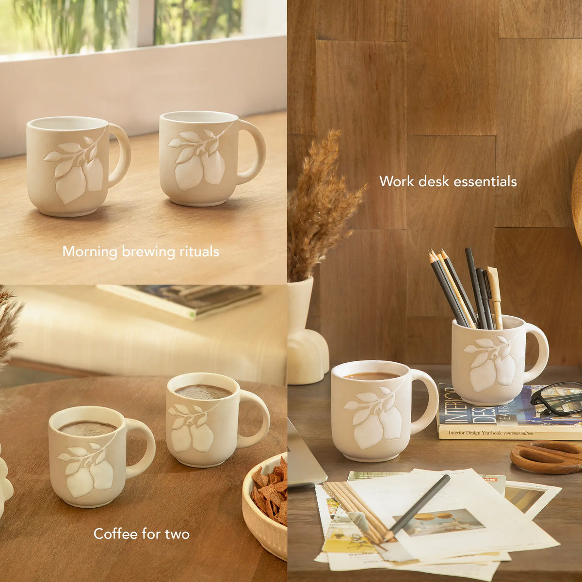 Pear embossed ceramic mug set of 2
