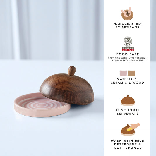 Ceramic Butter Dish Stripes With wooden Lid - Blush