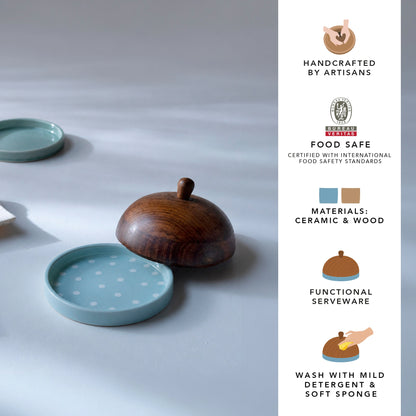 Ceramic Butter Dish Polka Dots With wooden Lid - Blue