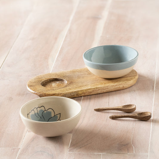 Blue Meadow Ceramic Condiment Set With Wooden Base & Spoons