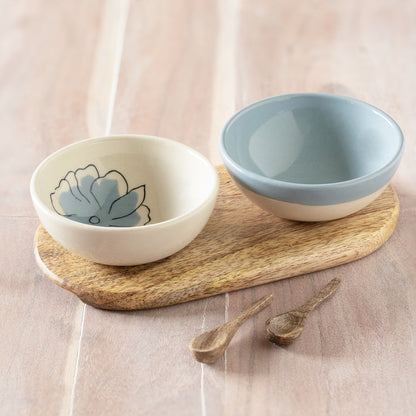 Blue Meadow Ceramic Condiment Set With Wooden Base & Spoons