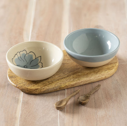 Blue Meadow Ceramic Condiment Set With Wooden Base & Spoons