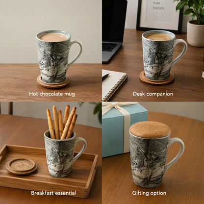 Carbon ceramic tall coffee mug with wooden lid