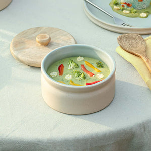 serene sky serving bowl with wooden lid - small