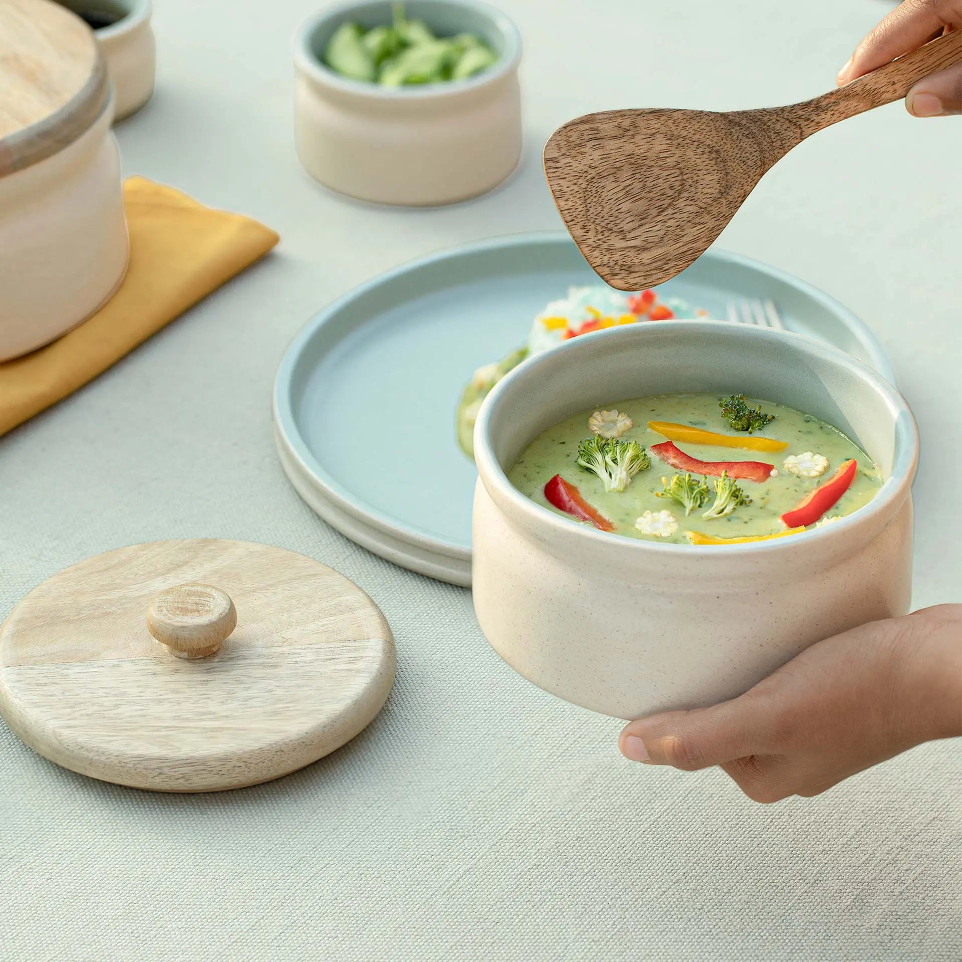 serene sky serving bowl with wooden lid small - Main Image