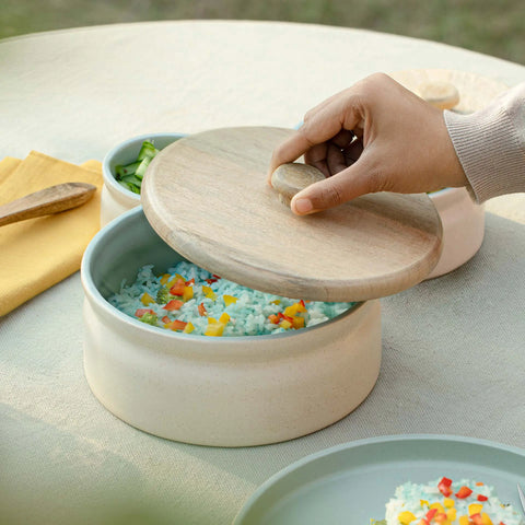 serene sky serving bowl with wooden lid - large