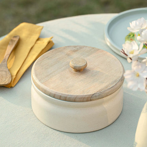 serene sky serving bowl with wooden lid - large