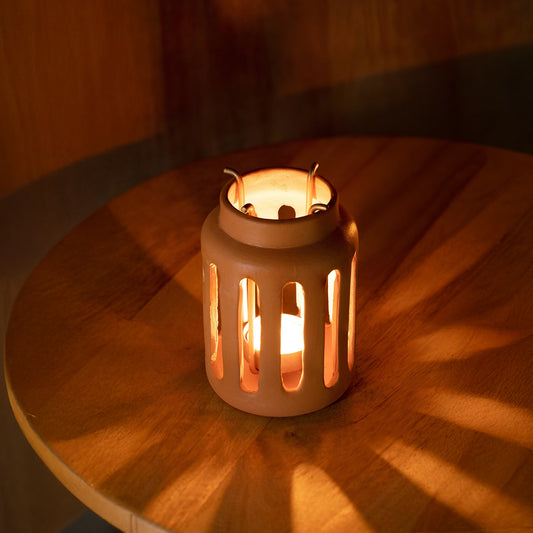 Lupa Terracotta Round Lantern With Metal Handle - Small